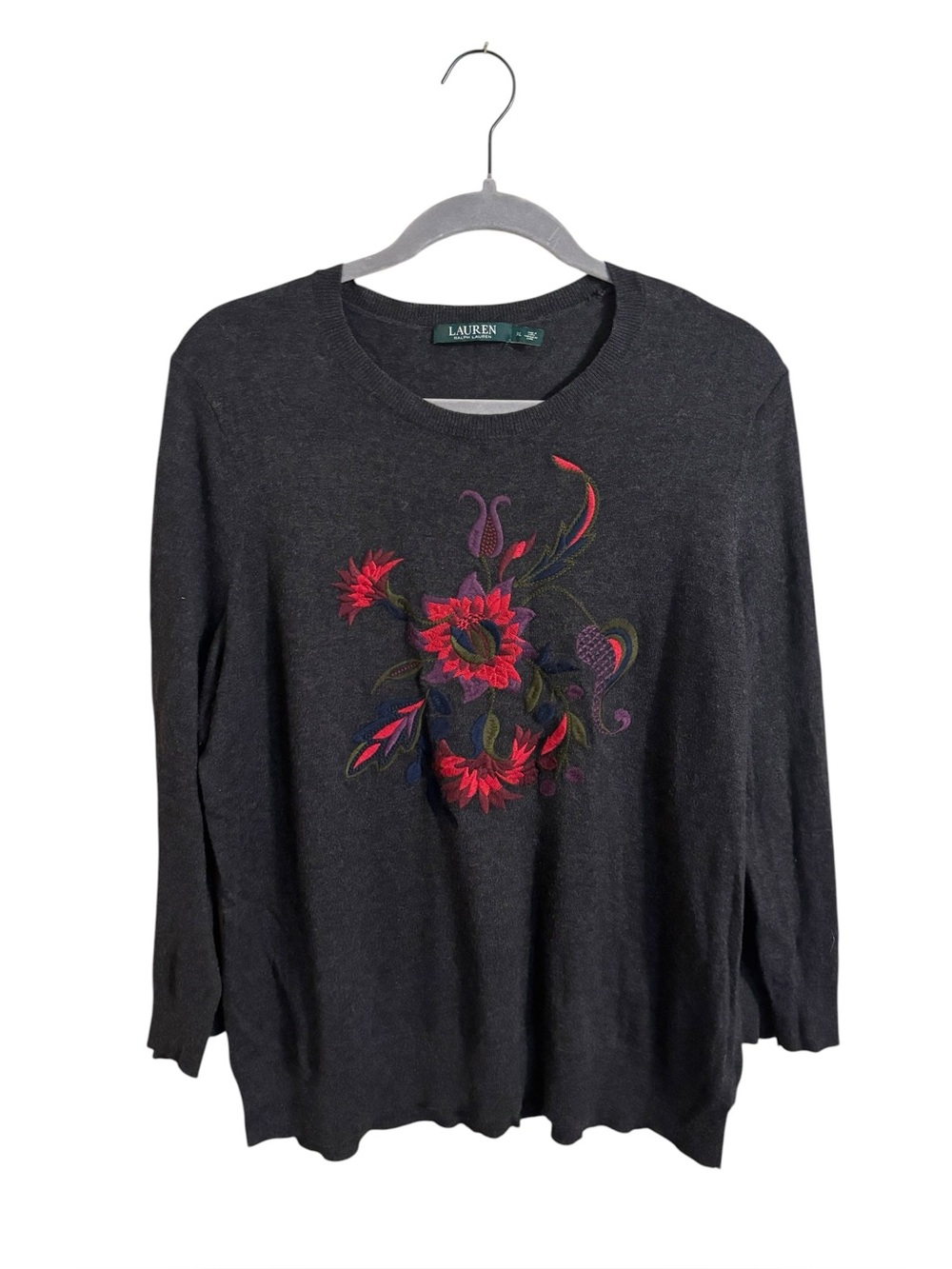 Lauren Ralph Lauren Gray Floral Embroidered Sweater XL